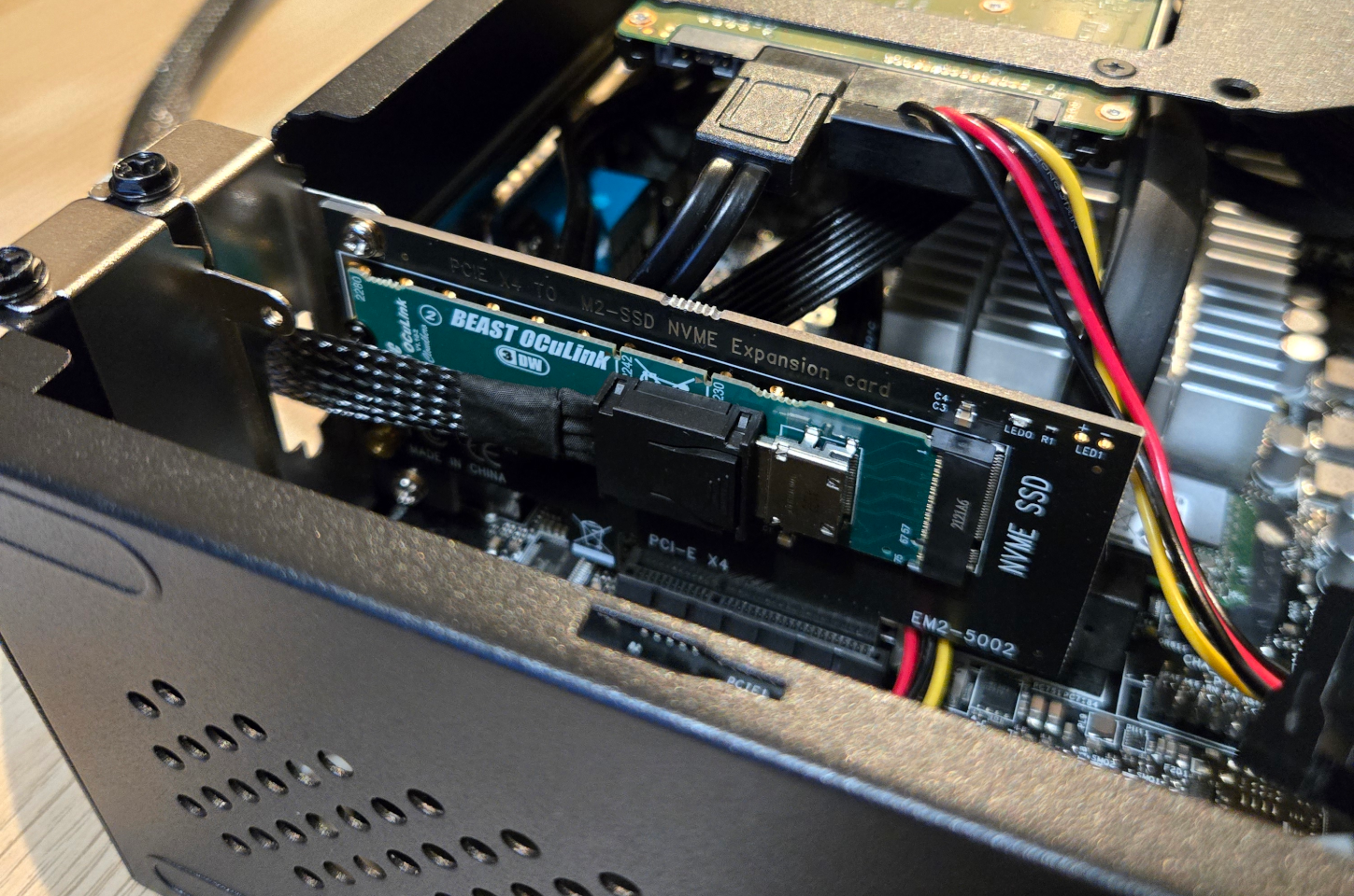 OCuLink M.2 card installed in an M.2 to PCIe adapter