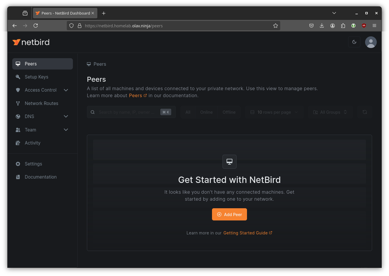 Screenshot of the Netbird dashboard