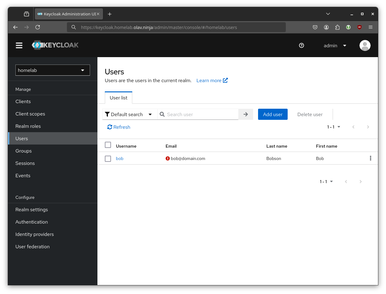 Screenshot showing realm and user in Keycloak