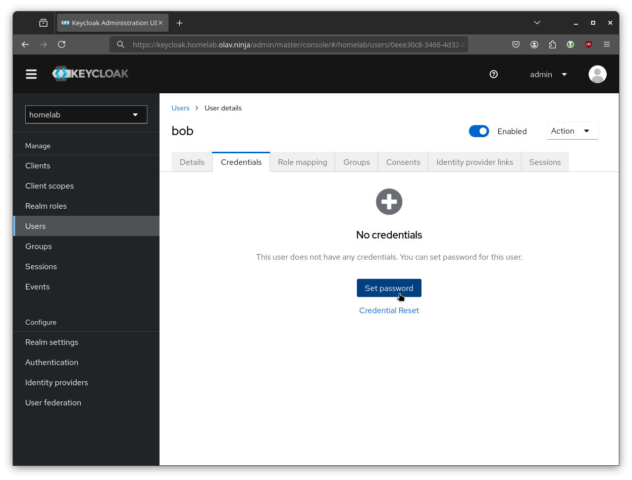 Screenshot of setting password for Keycloak user